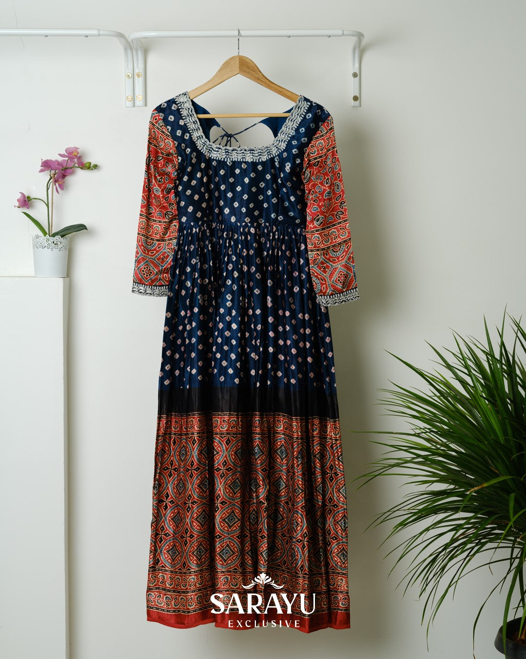 InkBlue  Green Bandhini printed Pure Gaji Silk Long frock