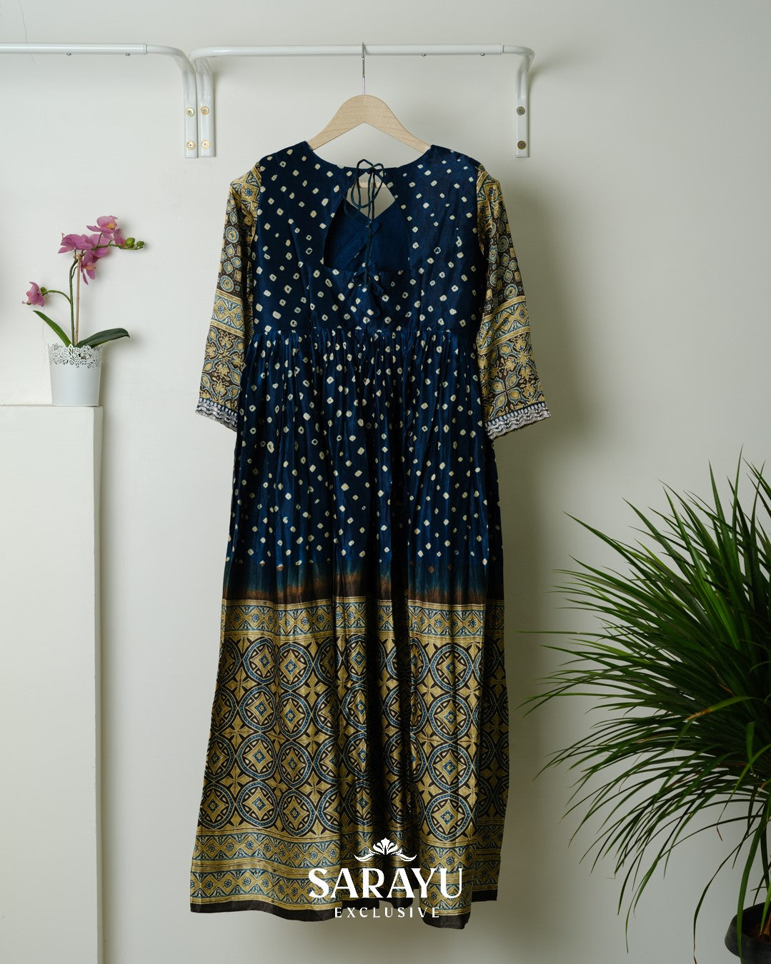 Indigo Blue Bandhini printed Pure Gaji Silk Longfrock