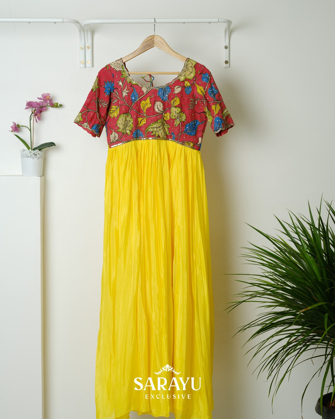 Red and Yellow Combination Kalamkari Longfrock