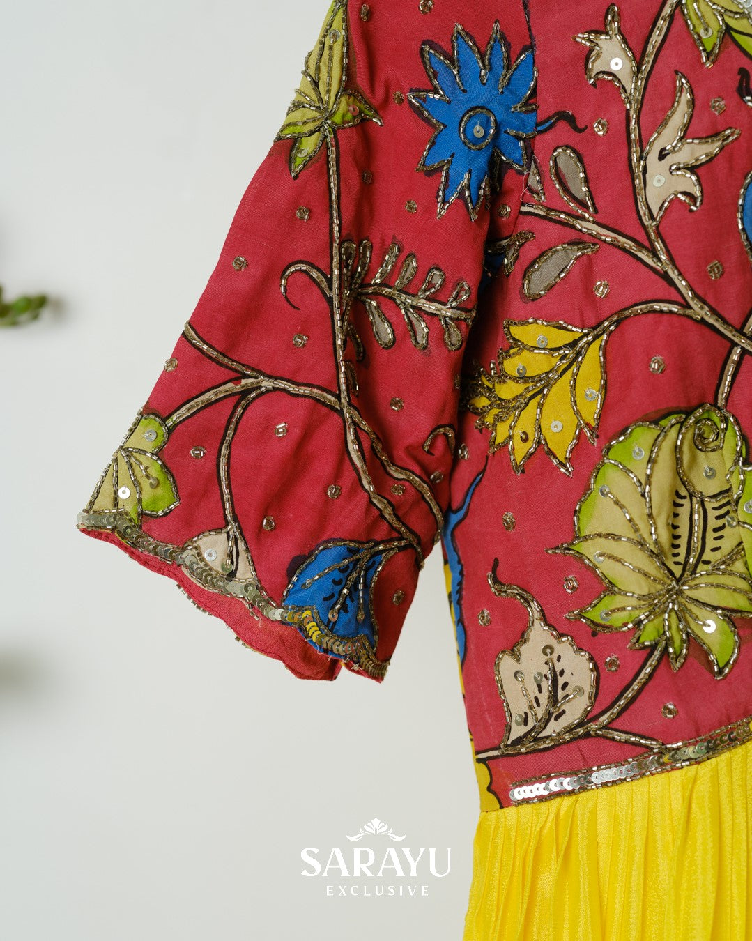 Red and Yellow Combination Kalamkari Longfrock