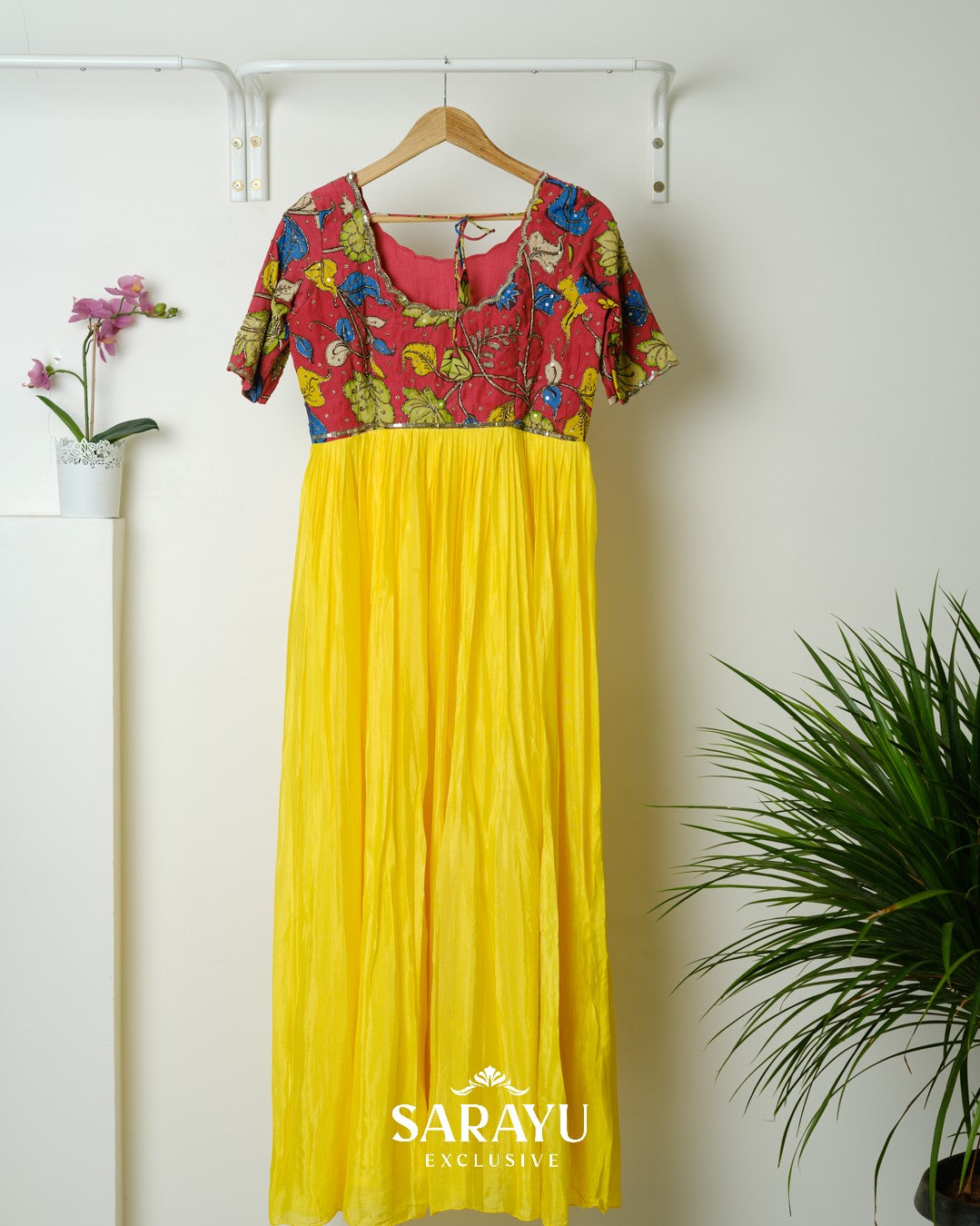 Red and Yellow Combination Kalamkari Longfrock