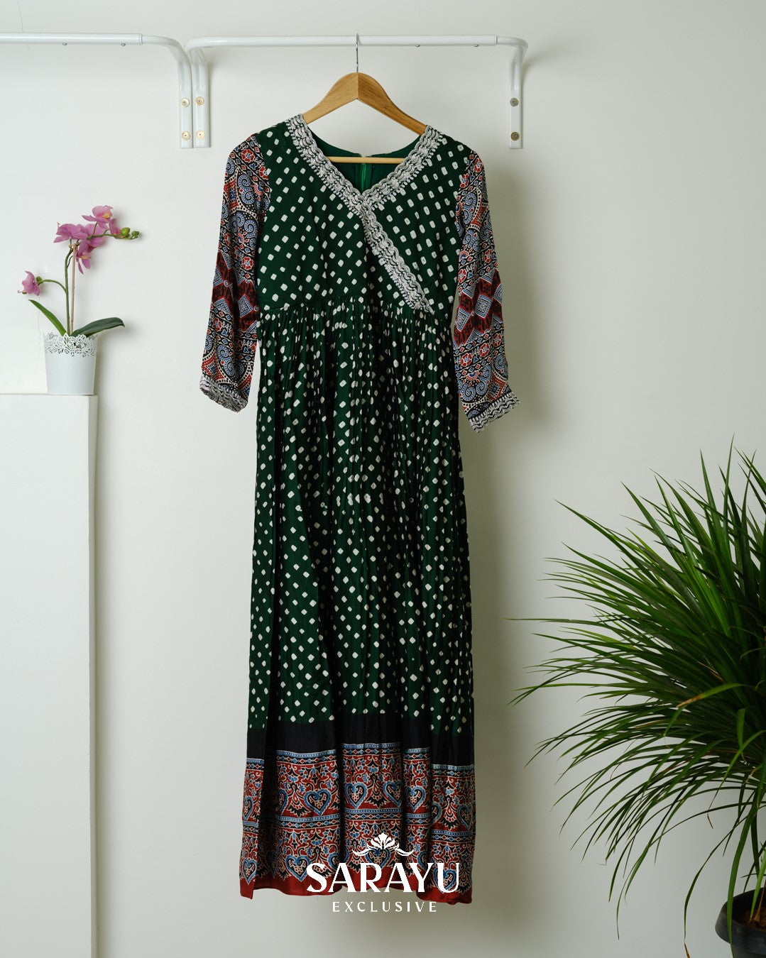 Deep Bottle Green Bandhini printed Pure Gaji Silk Longfrock