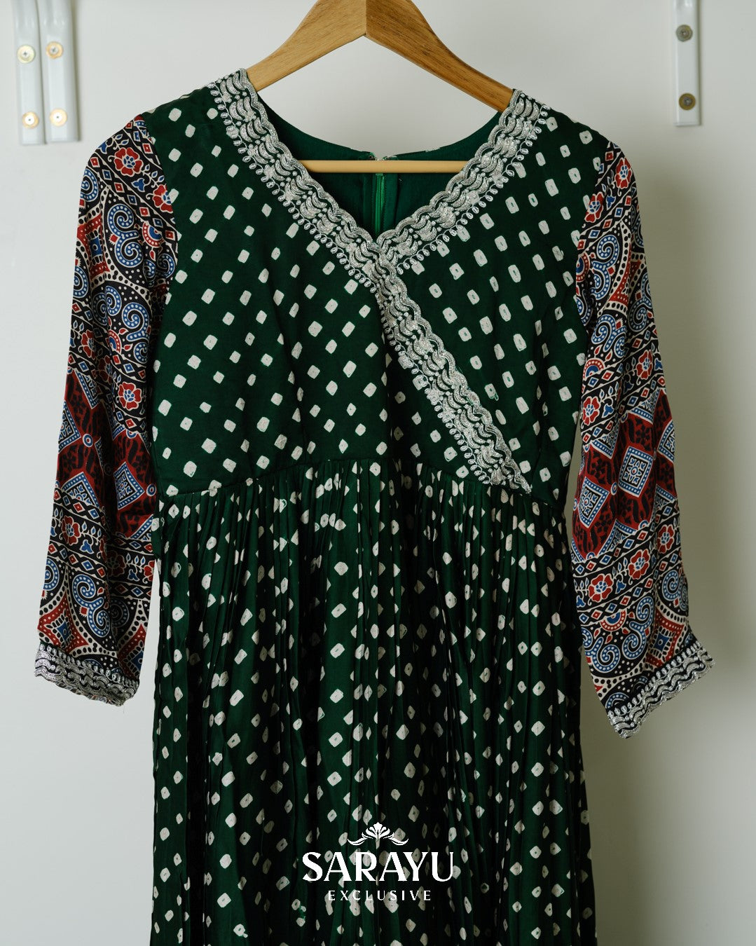 Deep Bottle Green Bandhini printed Pure Gaji Silk Longfrock