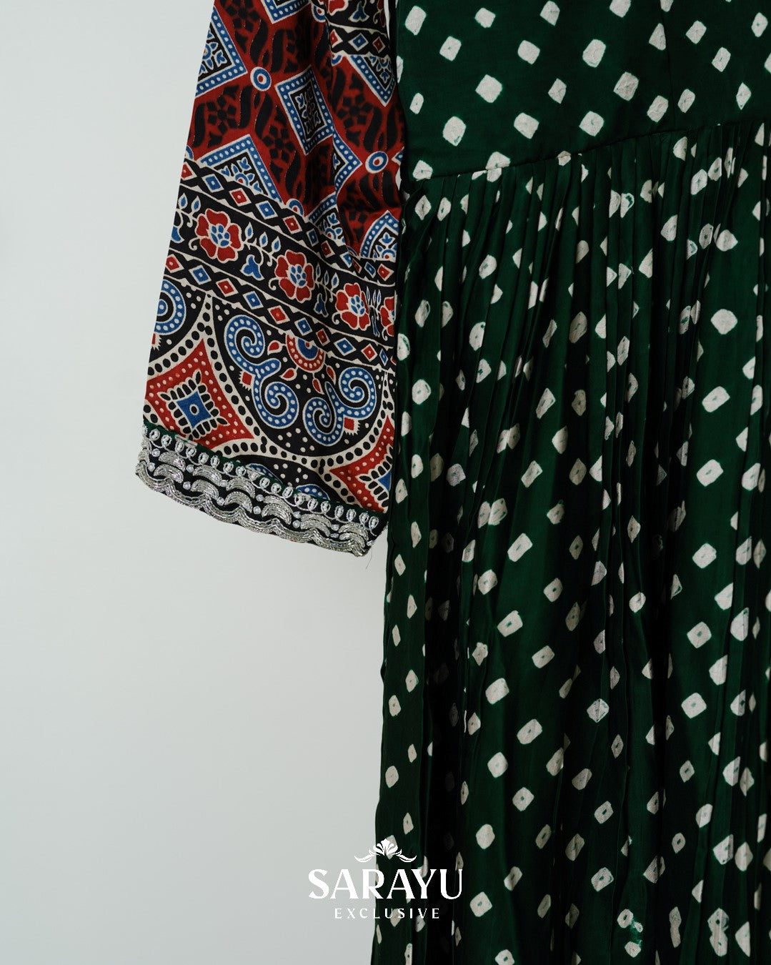 Deep Bottle Green Bandhini printed Pure Gaji Silk Longfrock