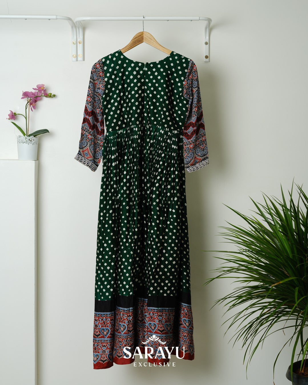 Deep Bottle Green Bandhini printed Pure Gaji Silk Longfrock