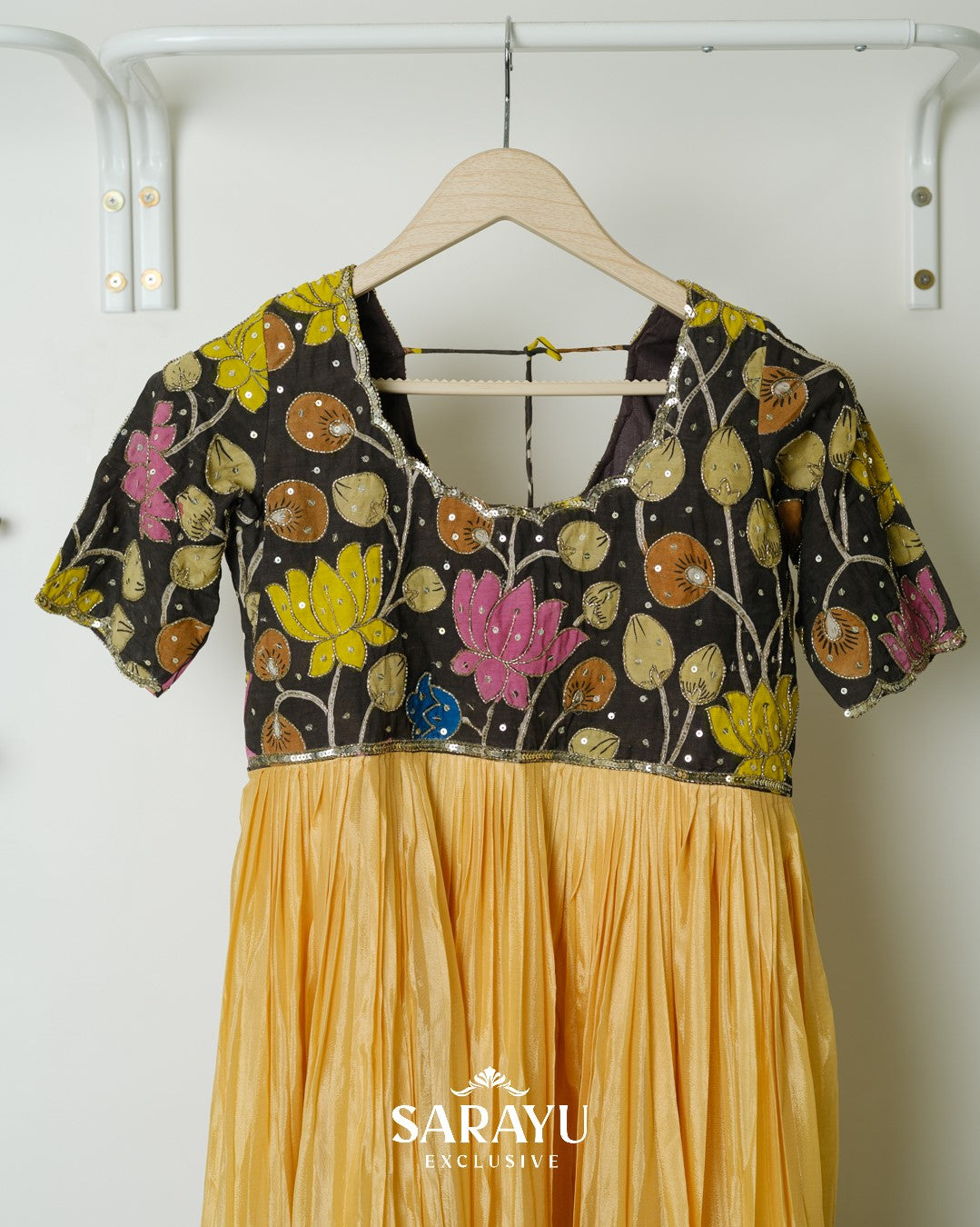 Black and Yellow Combination Kalamkari and Pure Crepe Longfrock