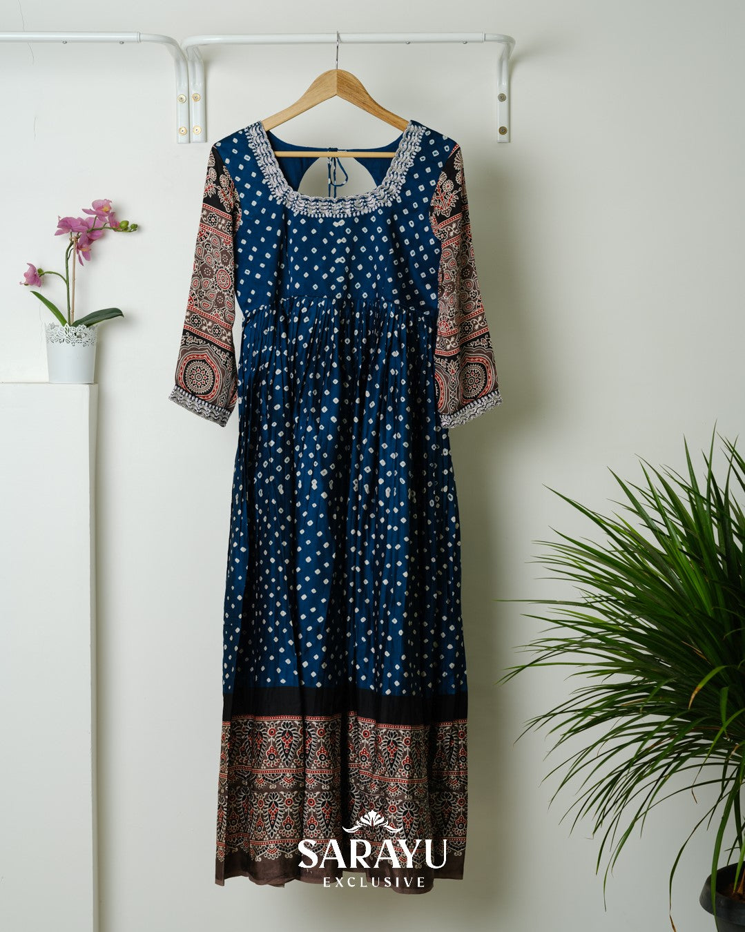 Indigo Blue Bandhini printed Pure Gaji Silk Longfrock