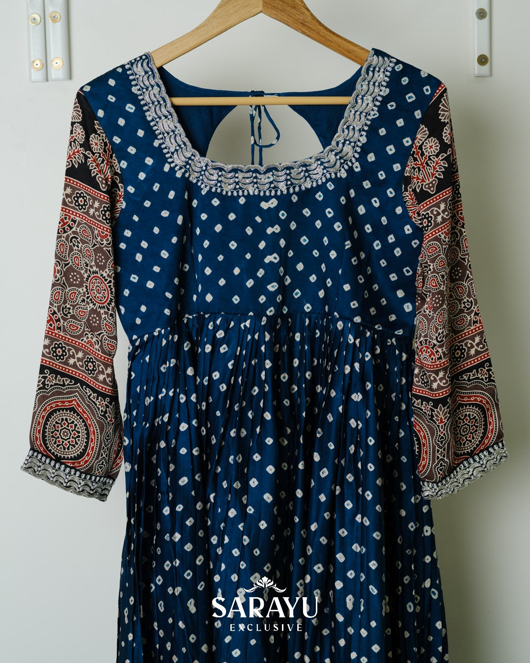 Indigo Blue Bandhini printed Pure Gaji Silk Longfrock