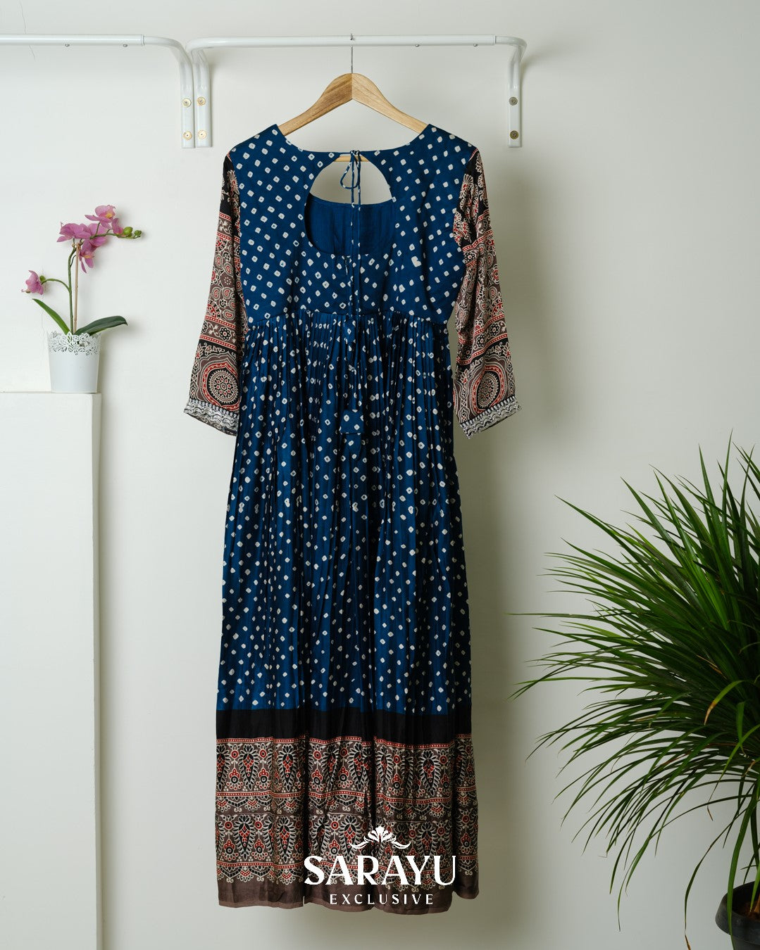 Indigo Blue Bandhini printed Pure Gaji Silk Longfrock