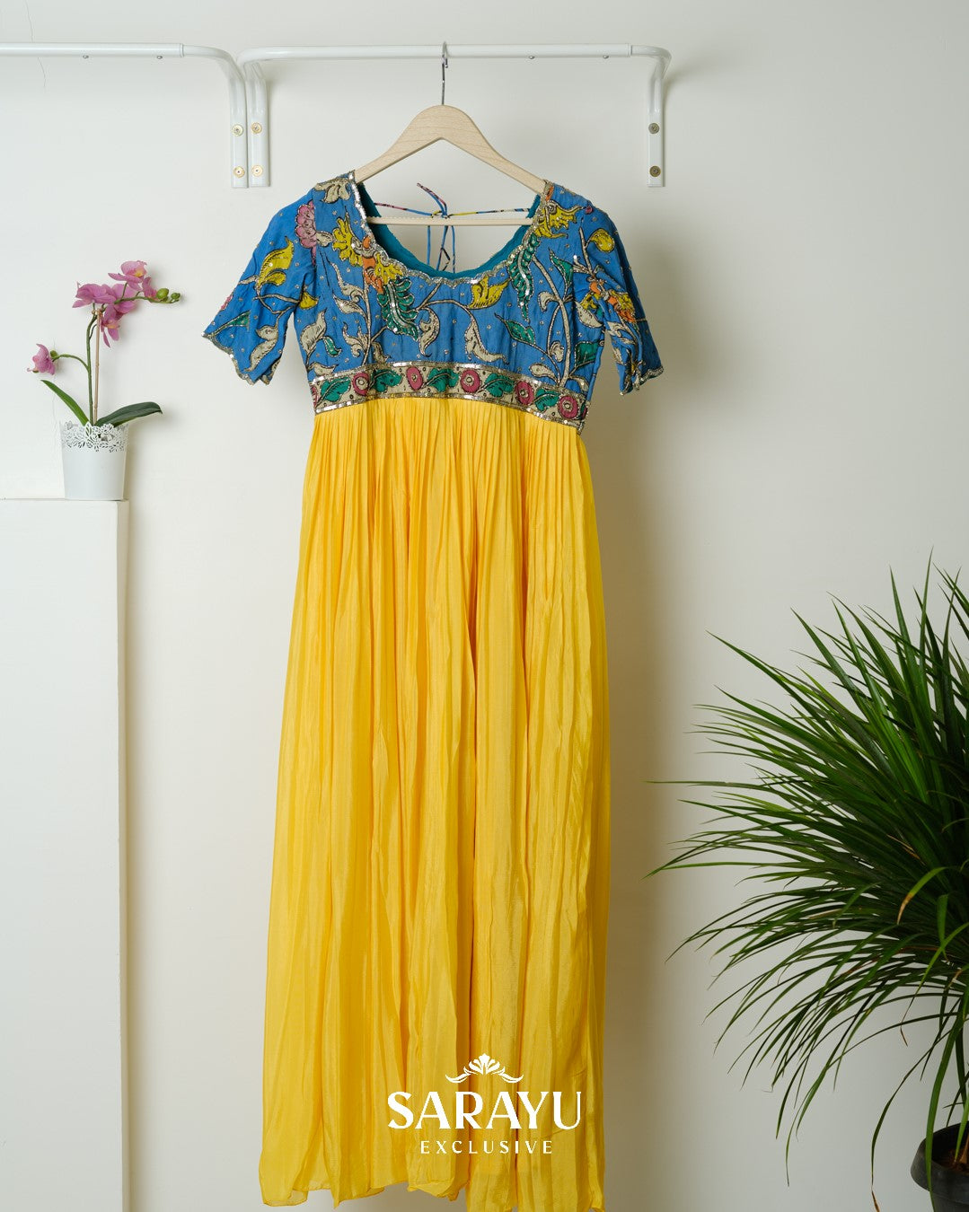 Black and Lemon Yellow Combination Kalamkari and Pure Crepe Longfrock