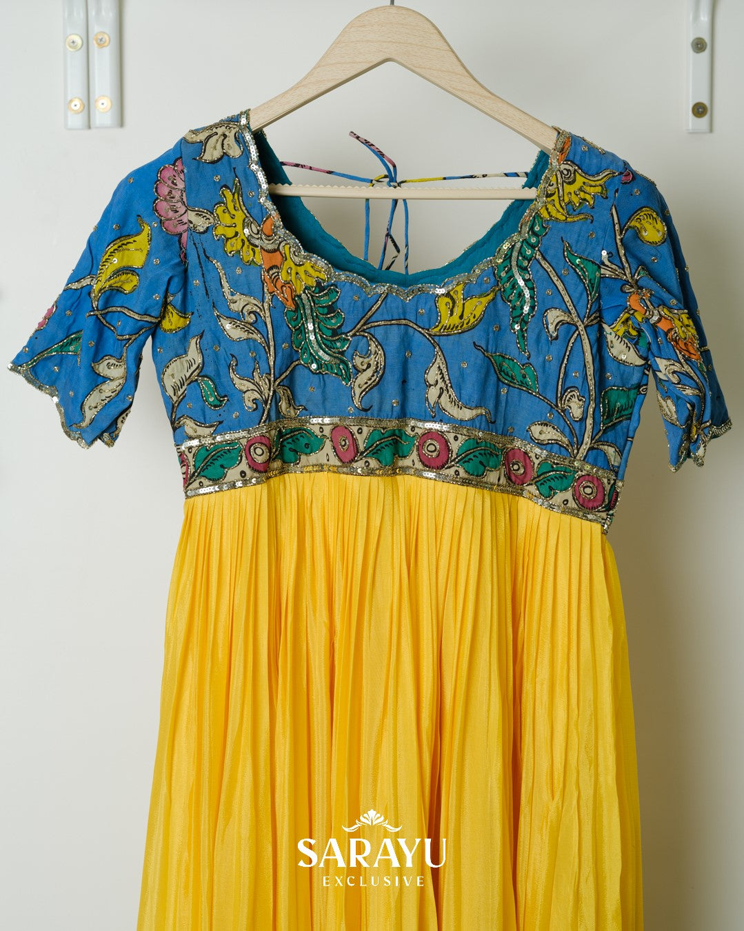 Black and Lemon Yellow Combination Kalamkari and Pure Crepe Longfrock