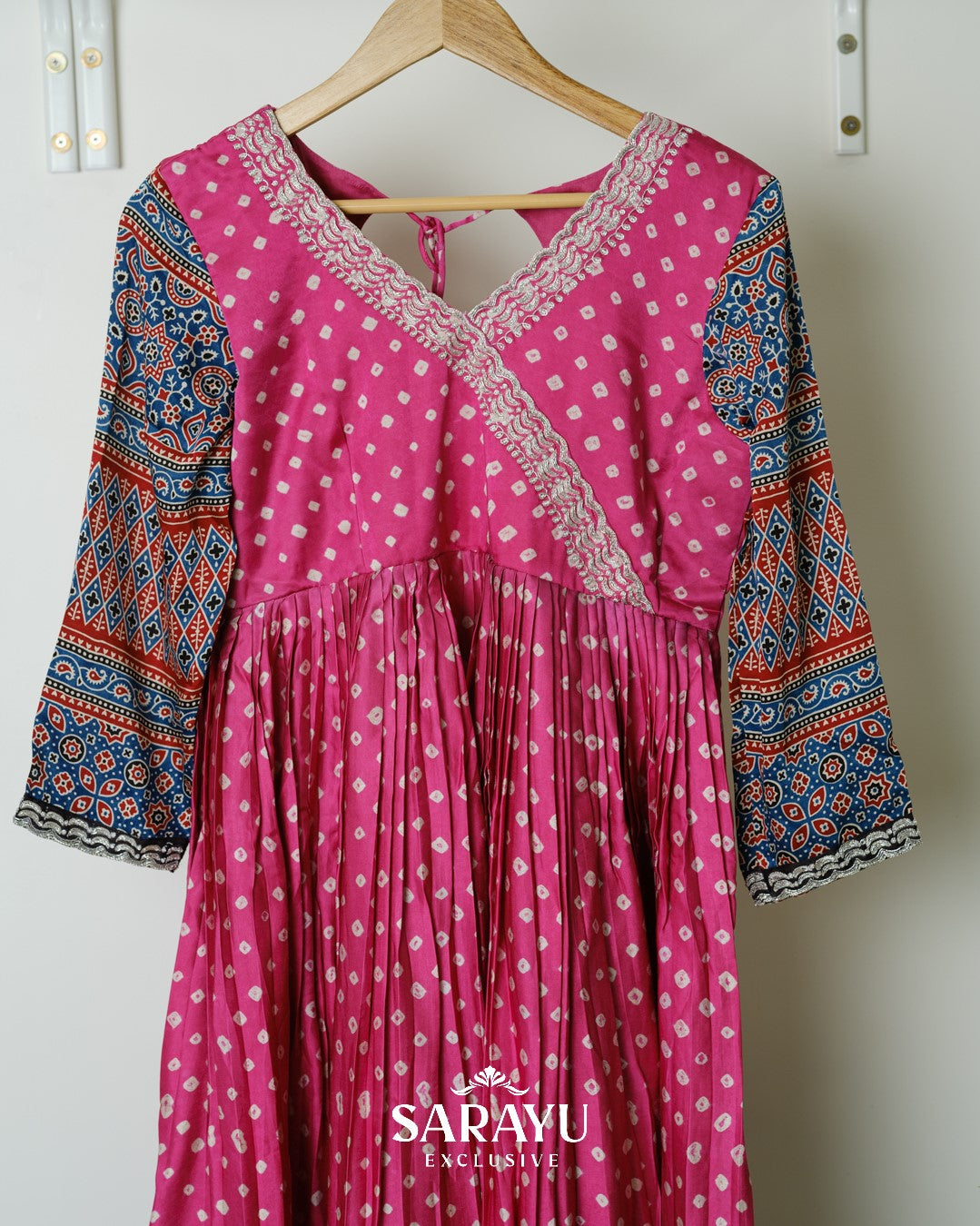 Pink Bandhini printed Pure Gaji Silk Longfrock