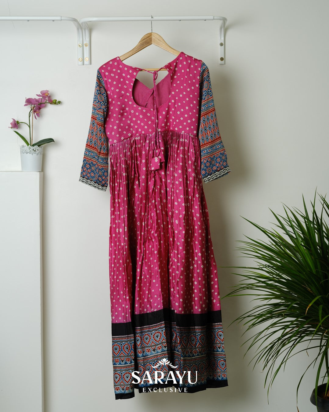 Pink Bandhini printed Pure Gaji Silk Longfrock