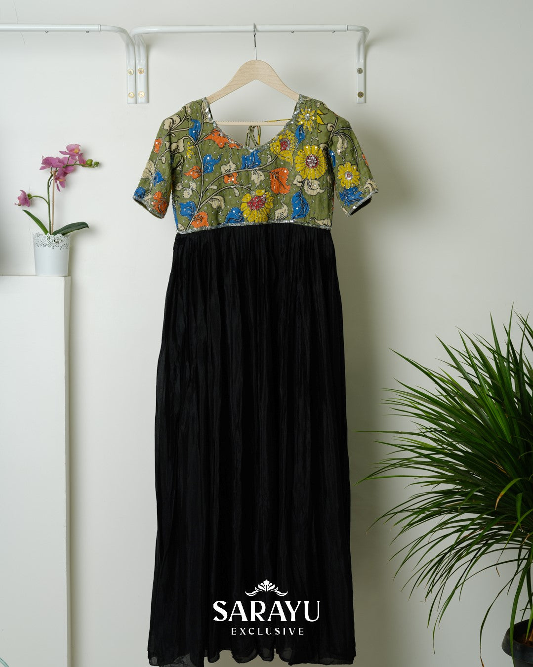 Moss Green and Black Combination Kalamkari and Pure Crepe Longfrock