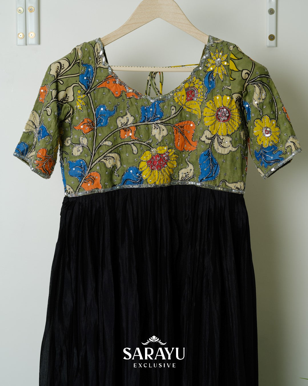 Moss Green and Black Combination Kalamkari and Pure Crepe Longfrock