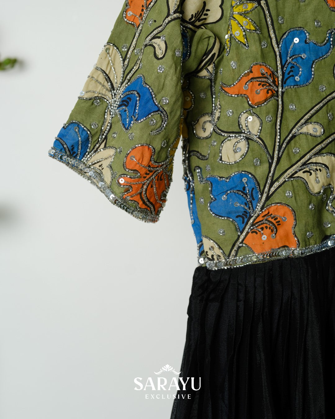 Moss Green and Black Combination Kalamkari and Pure Crepe Longfrock