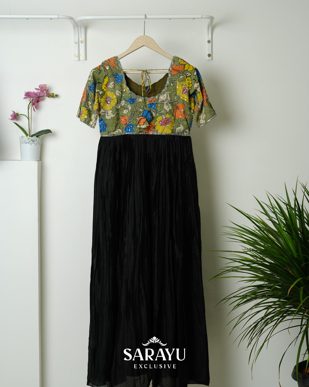 Moss Green and Black Combination Kalamkari and Pure Crepe Longfrock