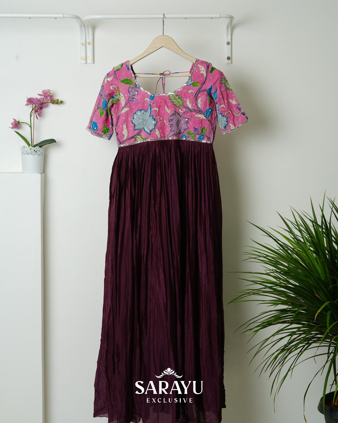 Pink and Magenta Combination Kalamkari and Pure Crepe Longfrock