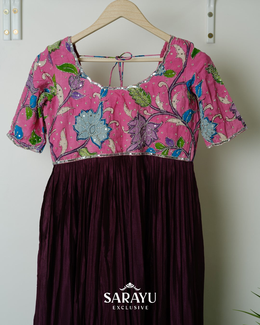 Pink and Magenta Combination Kalamkari and Pure Crepe Longfrock