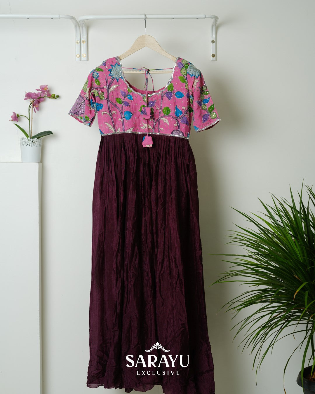 Pink and Magenta Combination Kalamkari and Pure Crepe Longfrock