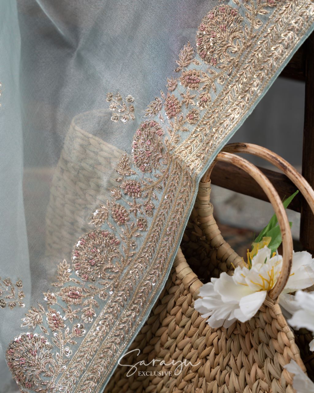 Sky blue Pure Organza with Handworked Borders Comes With Running Blouses with Handwork Design !!