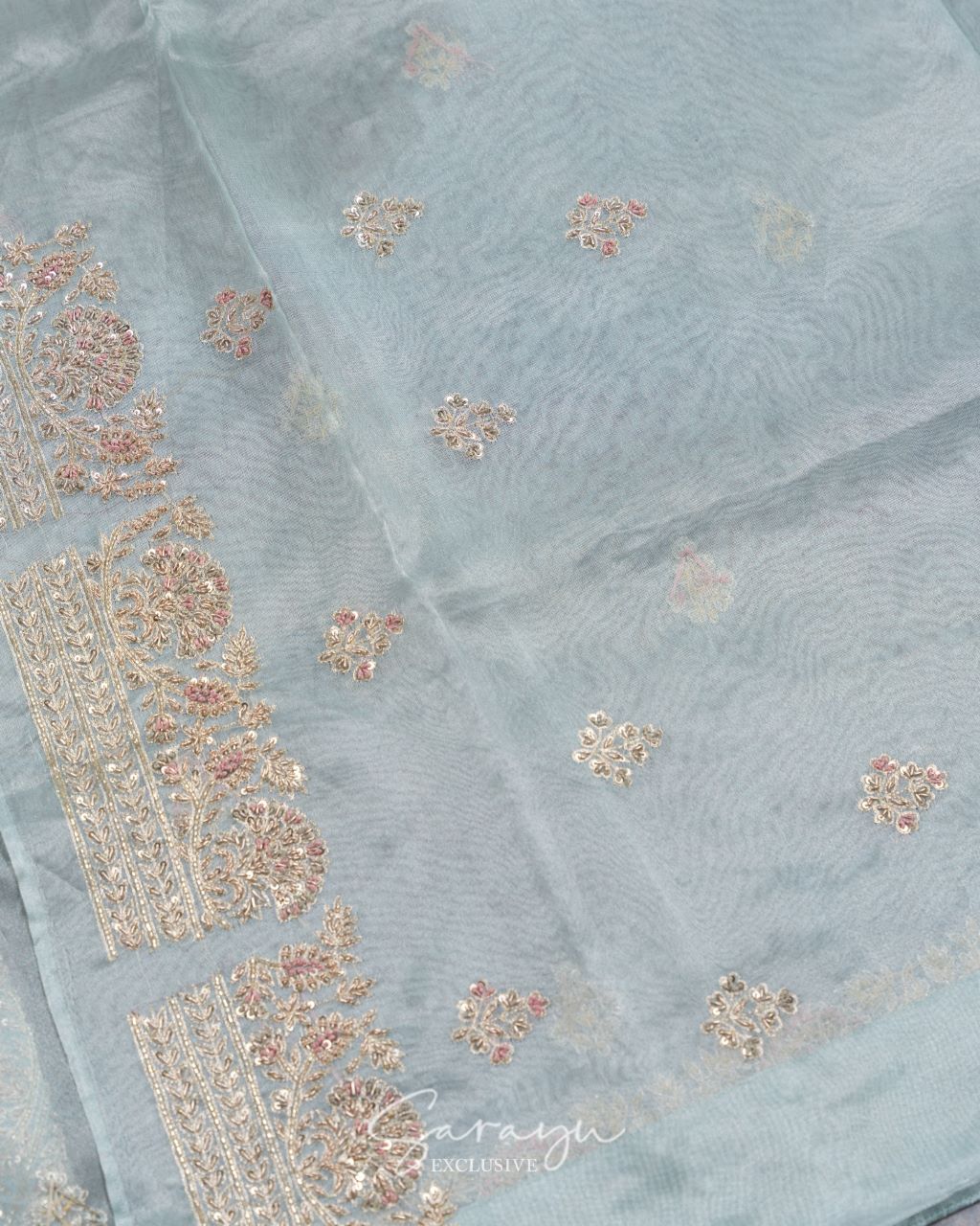 Sky blue Pure Organza with Handworked Borders Comes With Running Blouses with Handwork Design !!