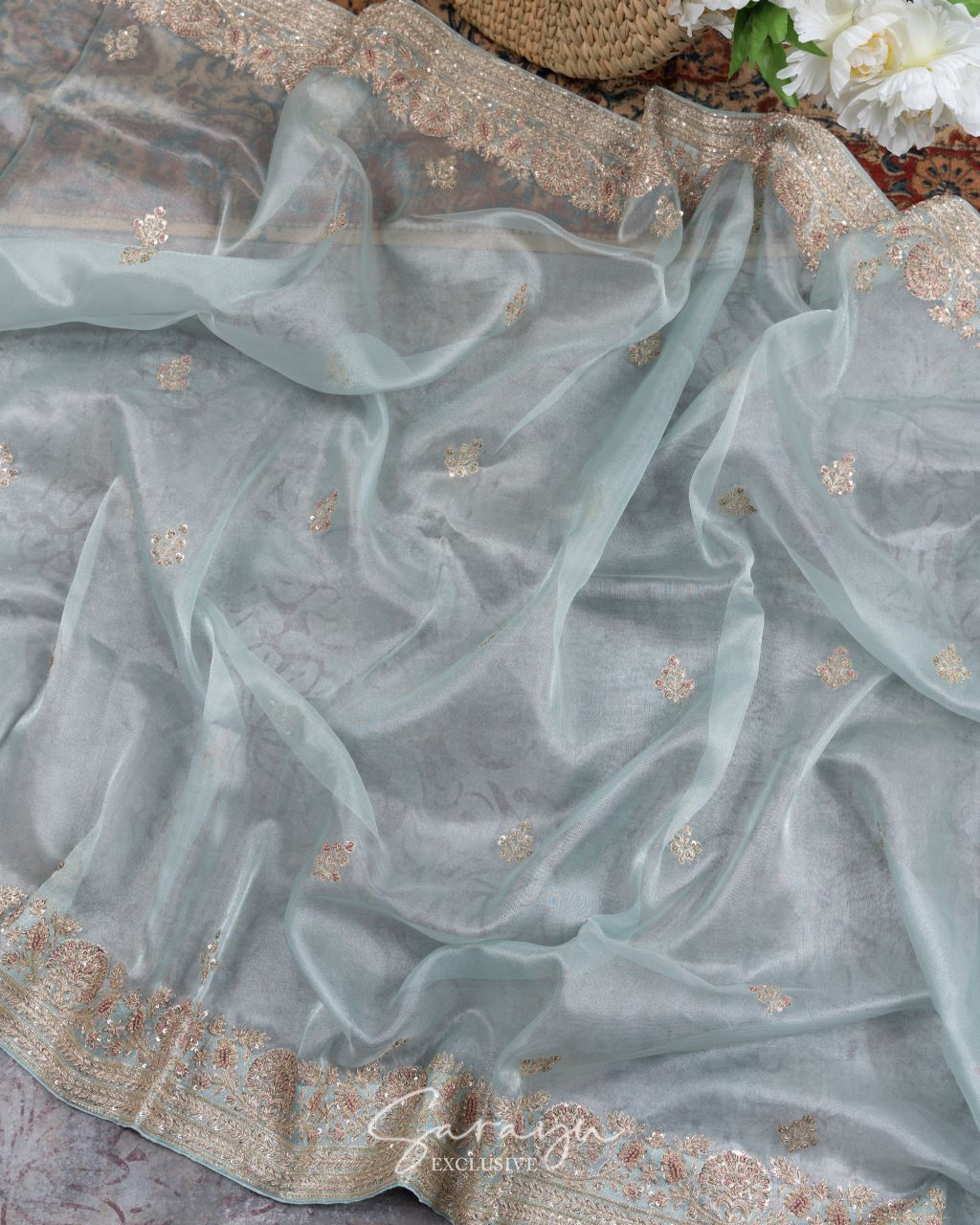 Sky blue Pure Organza with Handworked Borders Comes With Running Blouses with Handwork Design !!