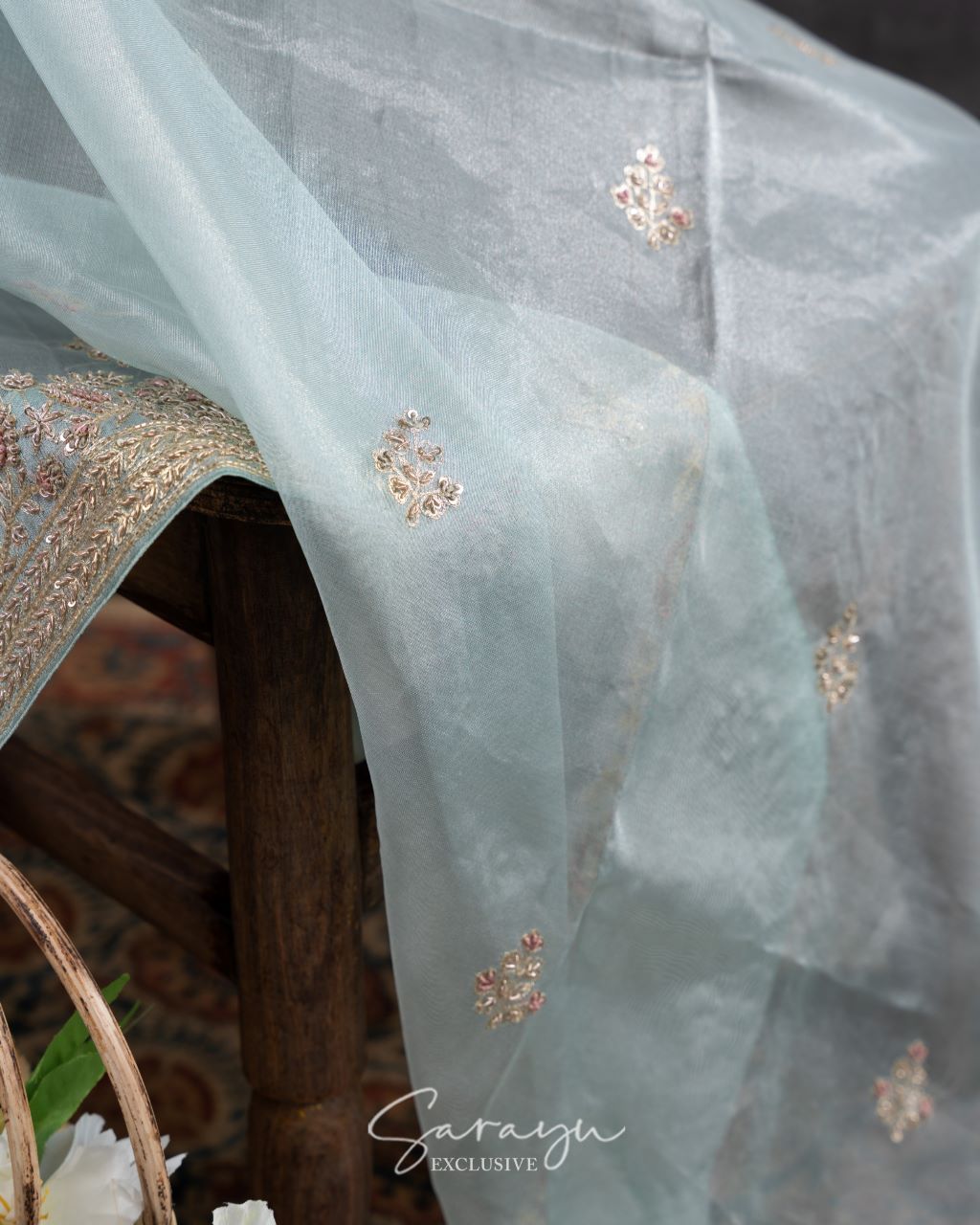 Sky blue Pure Organza with Handworked Borders Comes With Running Blouses with Handwork Design !!