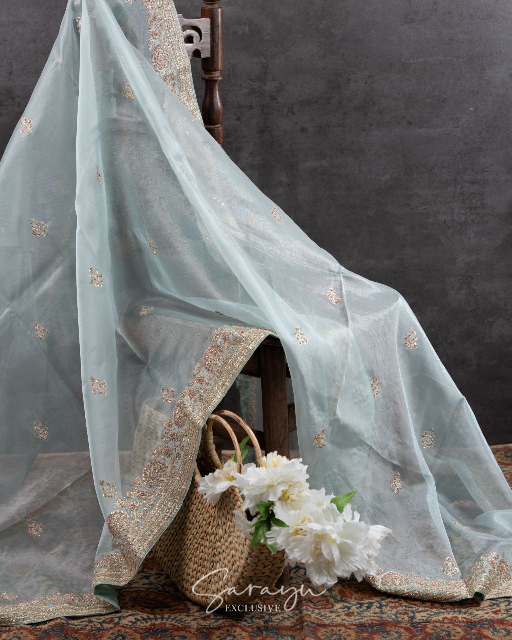 Sky blue Pure Organza with Handworked Borders Comes With Running Blouses with Handwork Design !!