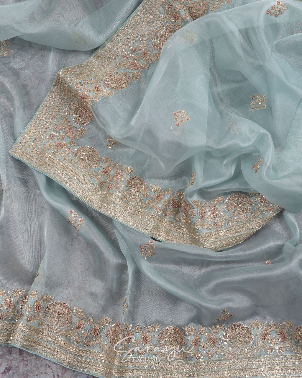 Sky blue Pure Organza with Handworked Borders Comes With Running Blouses with Handwork Design !!