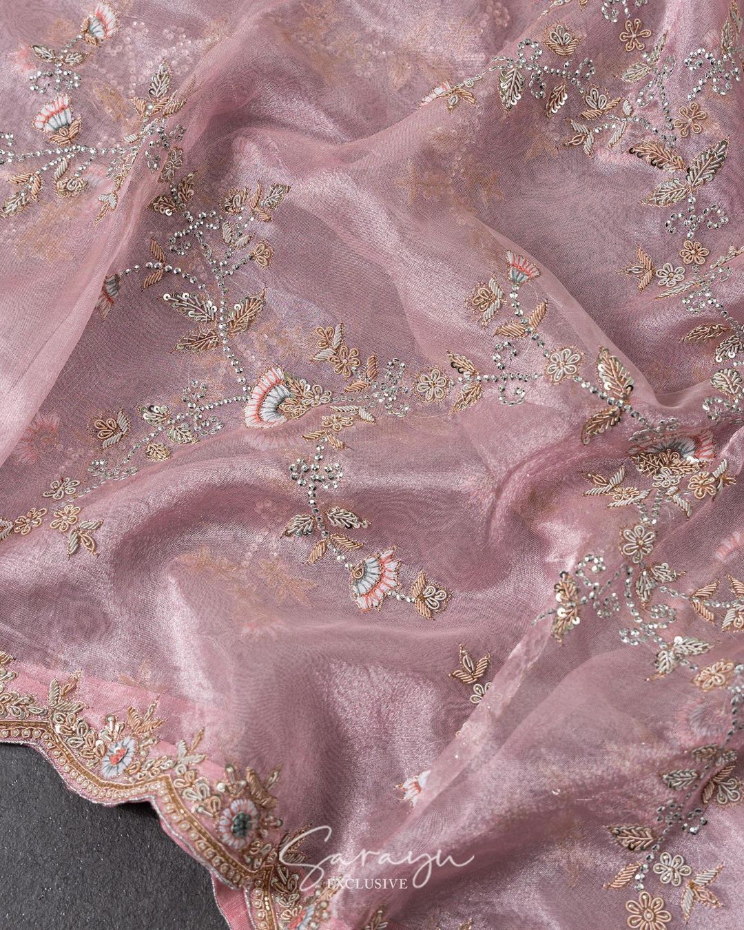 Light Pink Pure Tissue Organza
With Allover Handworked Designer Borders !