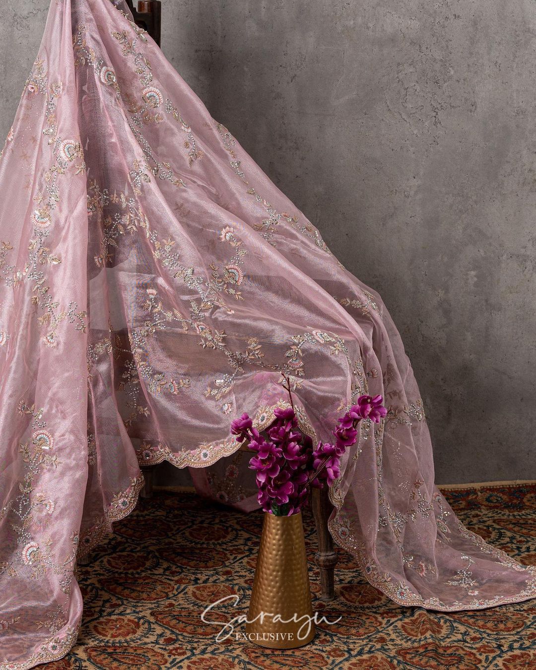 Light Pink Pure Tissue Organza
With Allover Handworked Designer Borders !