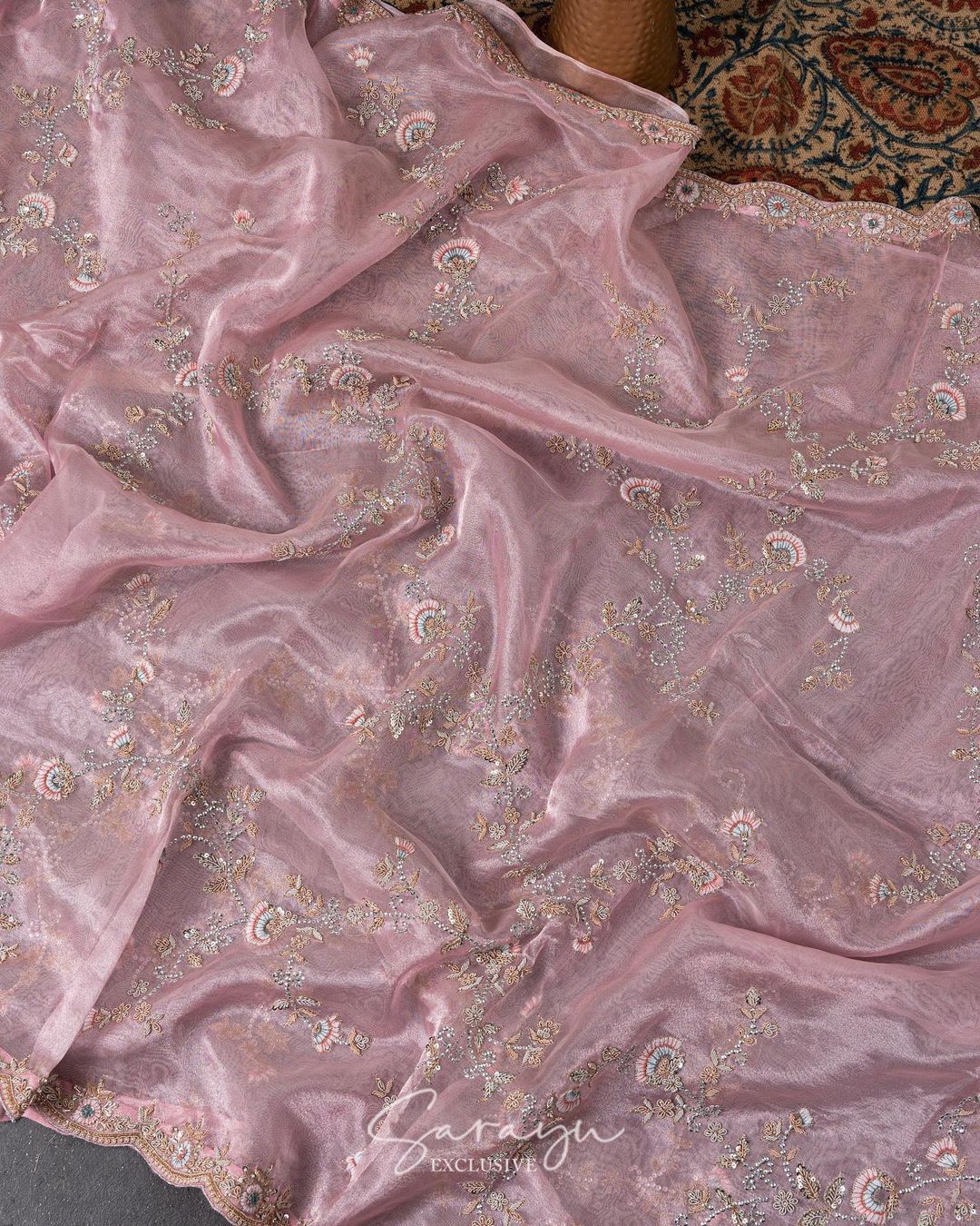 Light Pink Pure Tissue Organza
With Allover Handworked Designer Borders !