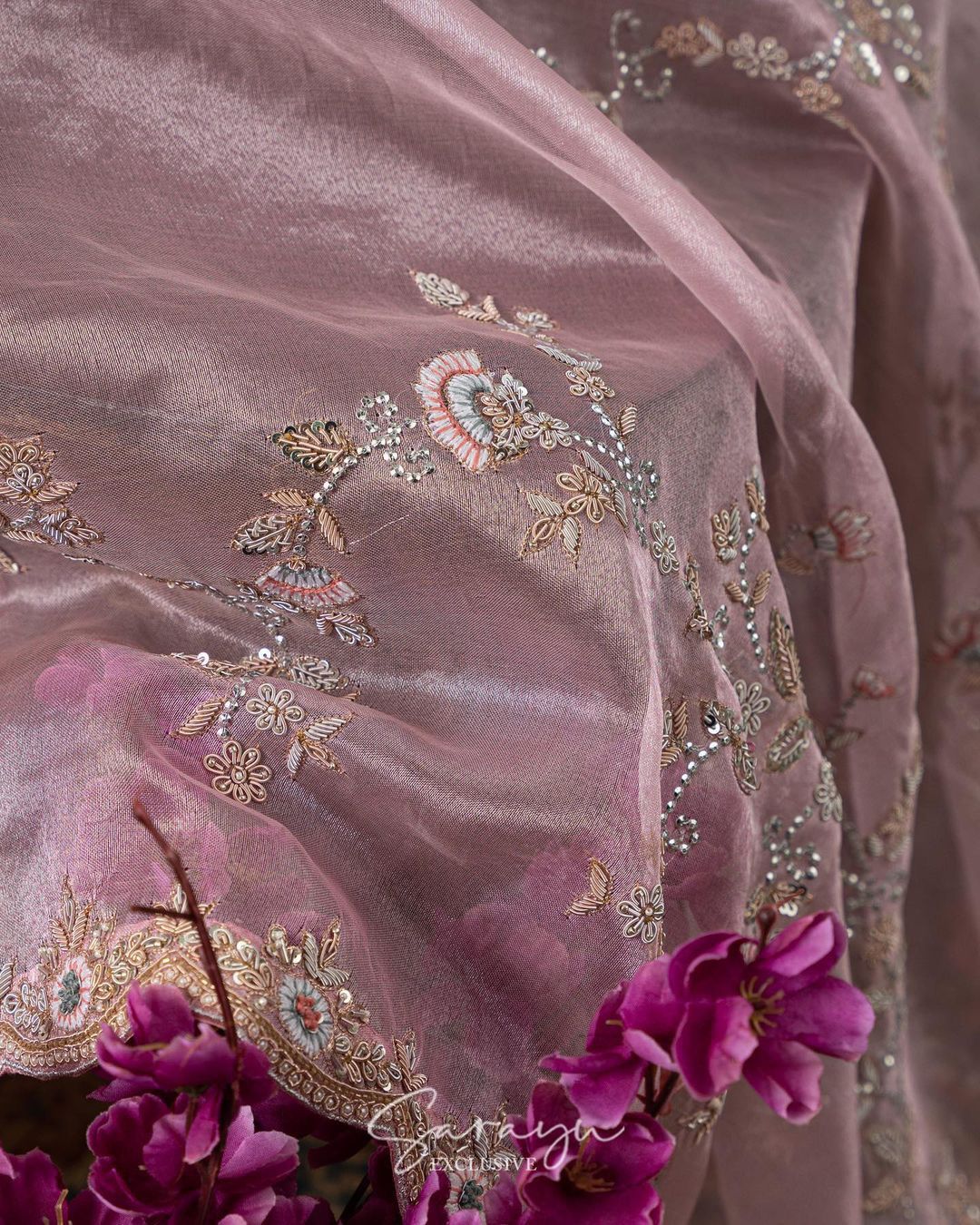 Light Pink Pure Tissue Organza
With Allover Handworked Designer Borders !