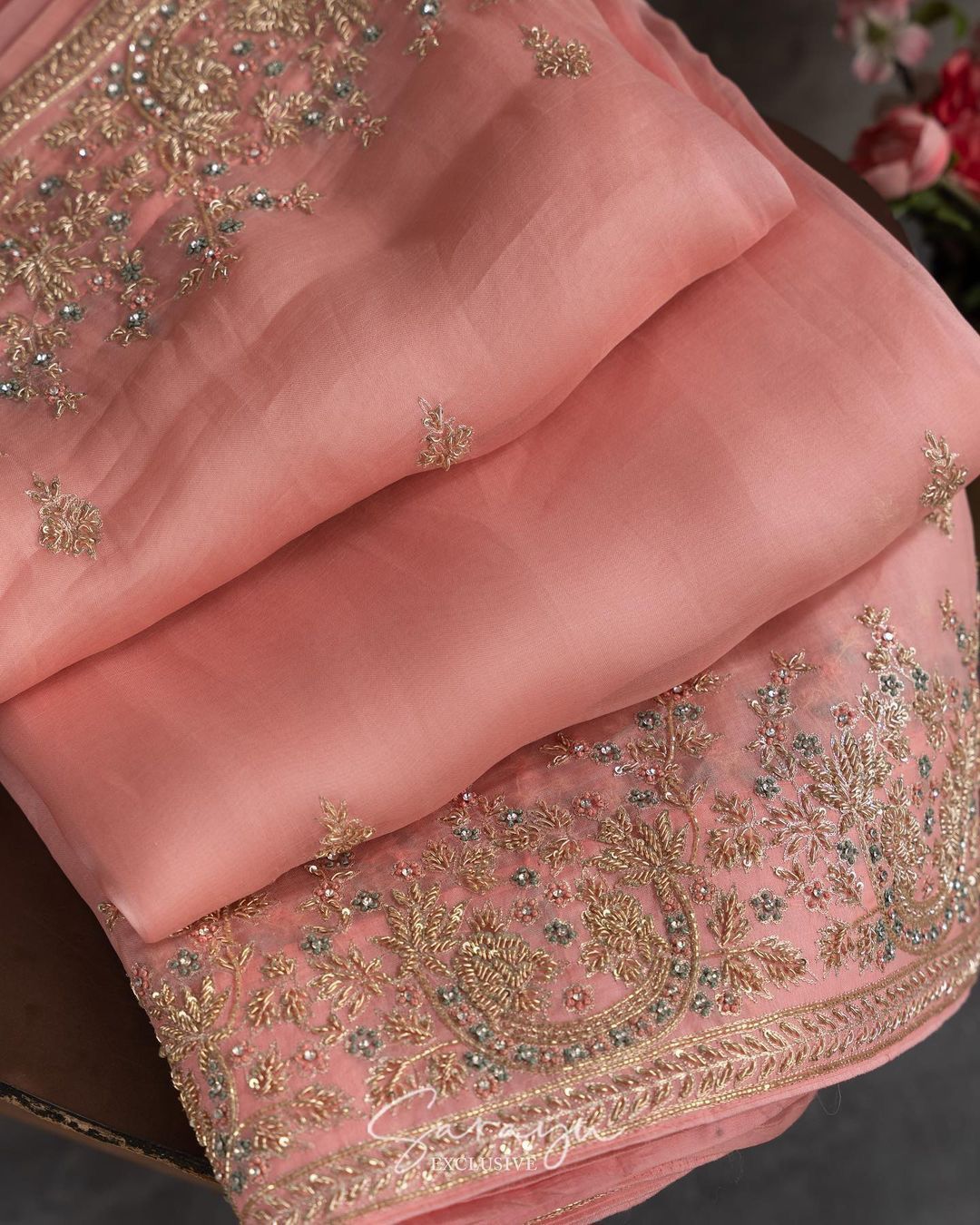 Peach Pure Organza With Handworked Borders Comes With Running Blouses with Handwork Design !!