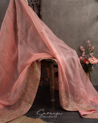 Peach Pure Organza With Handworked Borders Comes With Running Blouses with Handwork Design !!