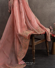 Peach Pure Organza With Handworked Borders Comes With Running Blouses with Handwork Design !!