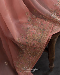 Peach Pure Organza With Handworked Borders Comes With Running Blouses with Handwork Design !!