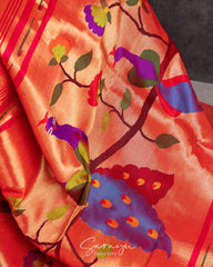 Beautiful Shade Of  Red Soft tissue paithani with triple muniya  !!