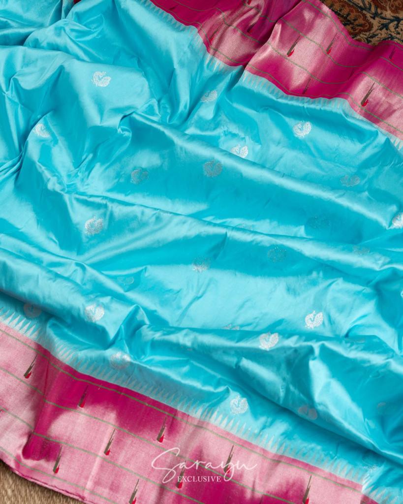 Copper Sulphate Blue Pure Sik Paithani with Pink Zari Triple Muniya  Border !!