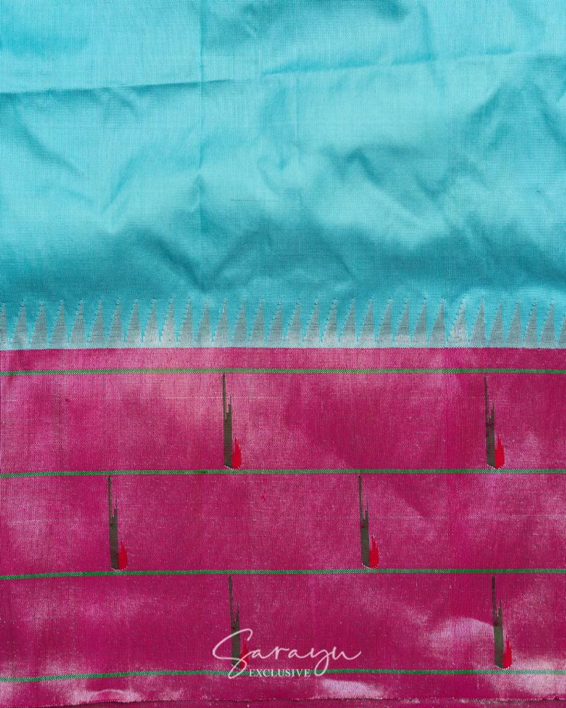 Copper Sulphate Blue Pure Sik Paithani with Pink Zari Triple Muniya  Border !!