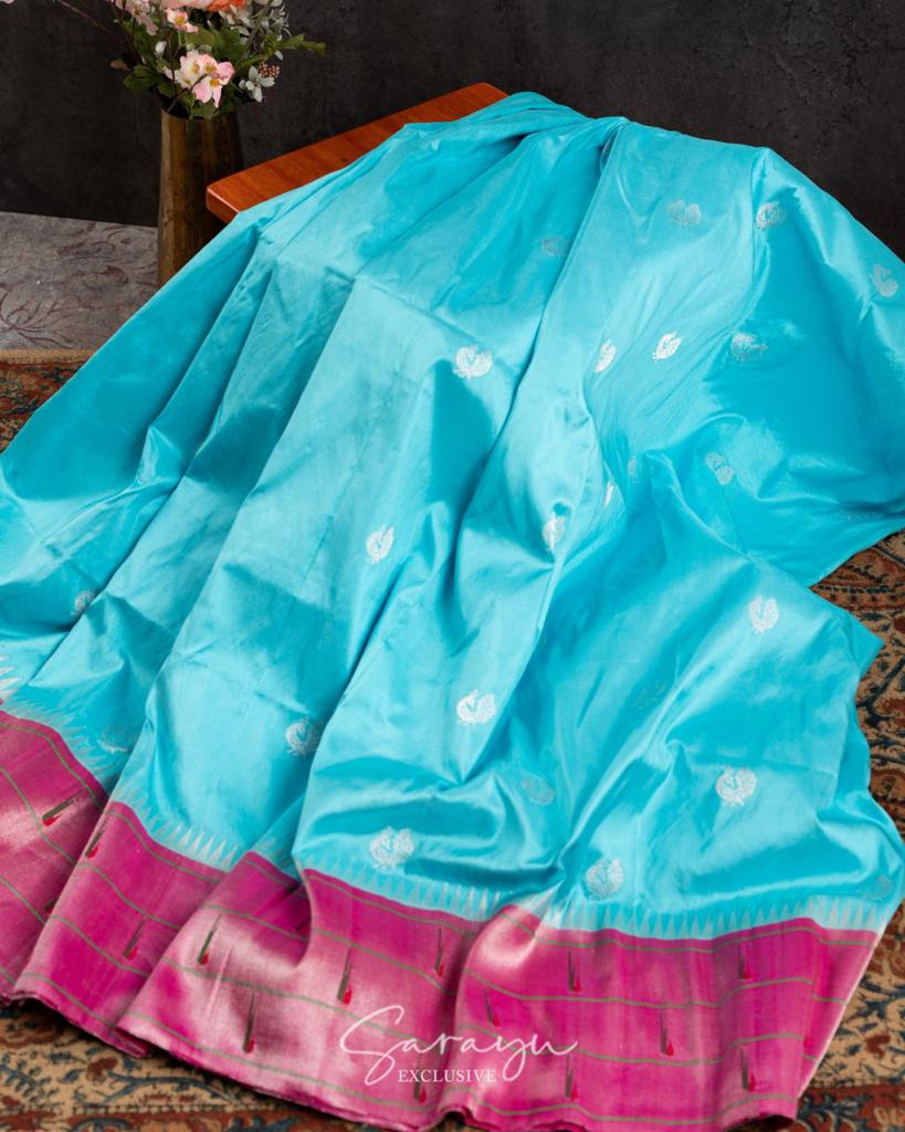 Copper Sulphate Blue Pure Sik Paithani with Pink Zari Triple Muniya  Border !!