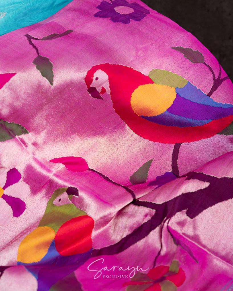 Copper Sulphate Blue Pure Sik Paithani with Pink Zari Triple Muniya  Border !!