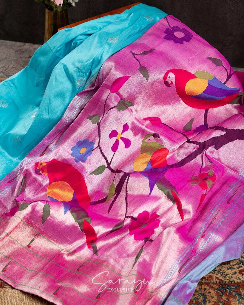 Copper Sulphate Blue Pure Sik Paithani with Pink Zari Triple Muniya  Border !!