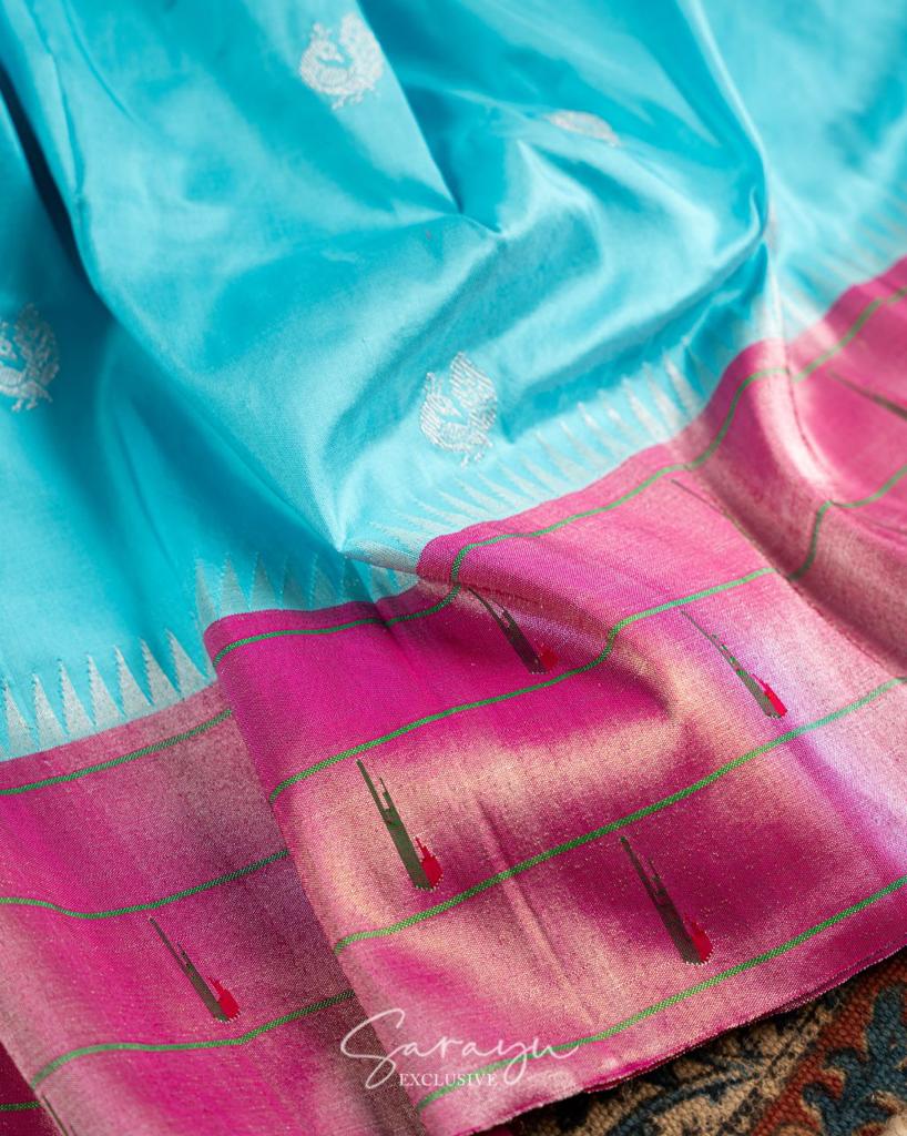 Copper Sulphate Blue Pure Sik Paithani with Pink Zari Triple Muniya  Border !!