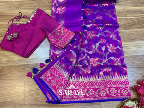 Purple and Pink Banarasi Kora silk
