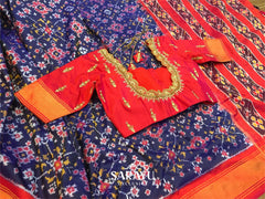 Royal Blue and Red Ikkat Silk Saree