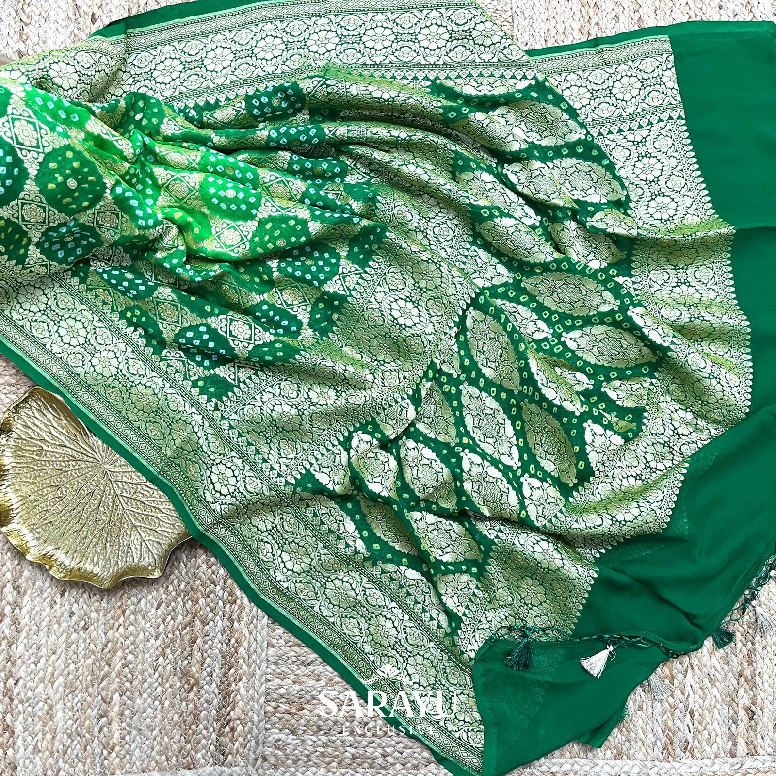 Light Green and Dark Green Pure Georgette Bandhini Dupatta
