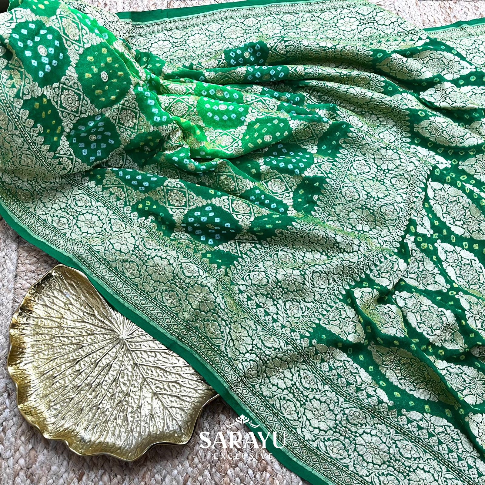 Light Green and Dark Green Pure Georgette Bandhini Dupatta