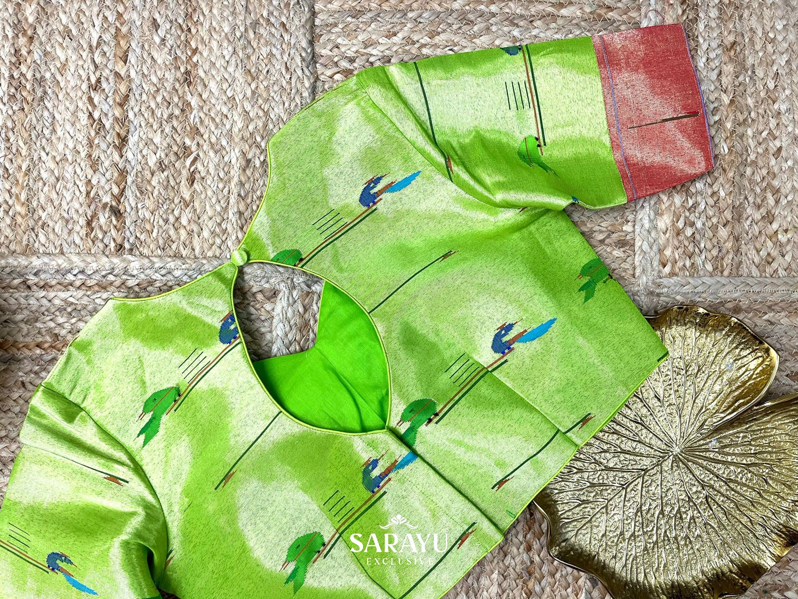 Parrot Green Pathani Pure Silk Tissue Elbow Sleeve Blouse